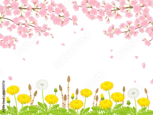 満開の桜・たんぽぽ・つくしの背景フレーム_ベクターイラスト

