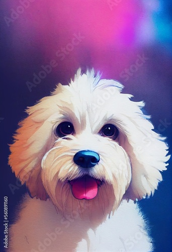 Funny adorable portrait headshot of cute doggy. Coton de Tulear Dog breed puppy, standing facing front. Looking to camera. Watercolor imitation illustration. AI generated vertical artistic poster.