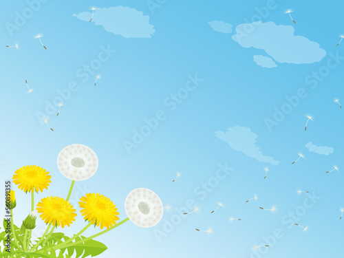 綿毛舞うたんぽぽと青空の風景_フレーム背景_ベクターイラスト