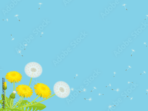 綿毛舞うたんぽぽと青空の風景_フレーム背景_ベクターイラスト