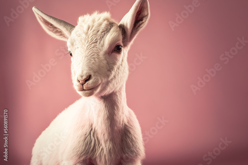 Illustration portrait of a cute baby goat on pink background, Generative ai © Annabell Gsödl
