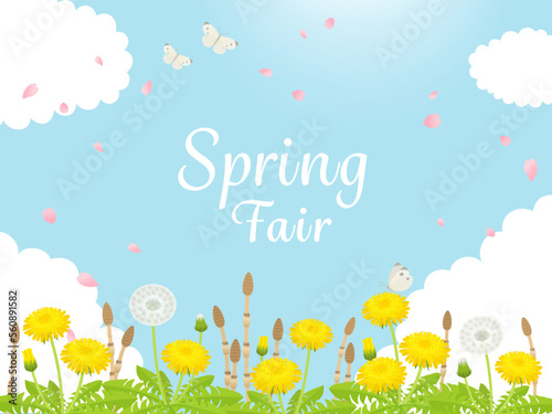 Spring Fair バナー素材_たんぽぽ・つくしと青空の風景__ベクターイラスト