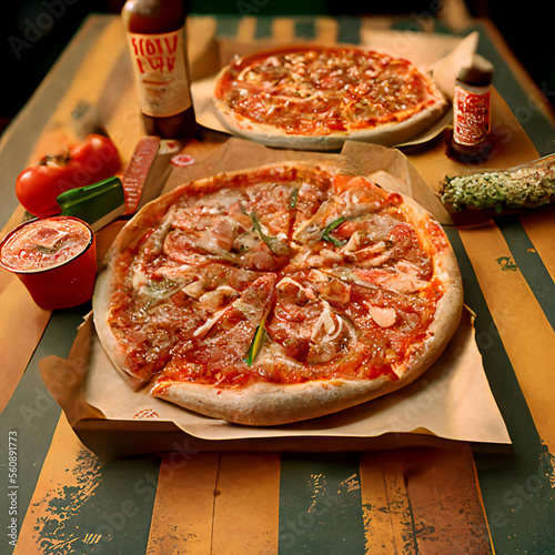 pizza, pizzeria, italian, realistic illustration, food, fast food, pepperoni, dinner, lunch, snack, generated by ai, l