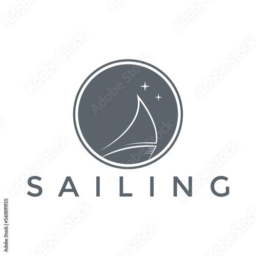 Modern night sailboat sailing ship in Sea Ocean Wave, minimalistic sailboat vector logo design template