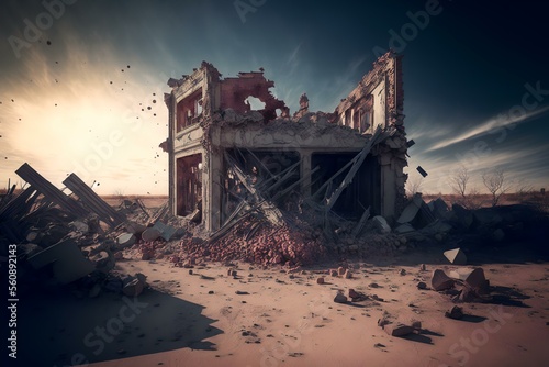 destroyed building, with debris scattered around, showing the immediate aftermath of a nuclear explosion (AI Generated)