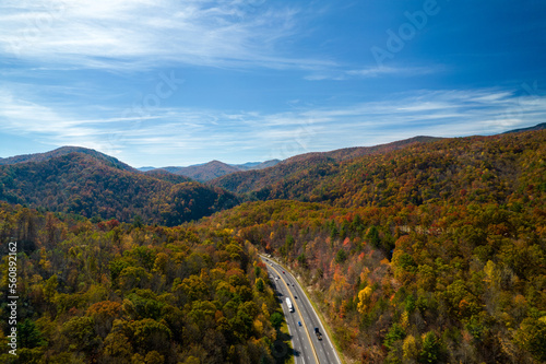 Aerial view of amazing landscape in Virginia. View of mountain river with highway along.