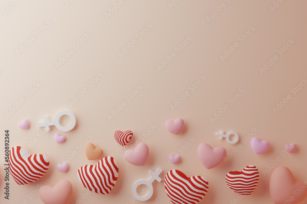 female symbol and heart shape background, 3d rendering