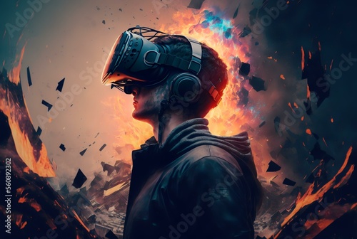 a person wearing a virtual reality headset, lost in a digital world, representing the idea of immersive technology (AI Generated)