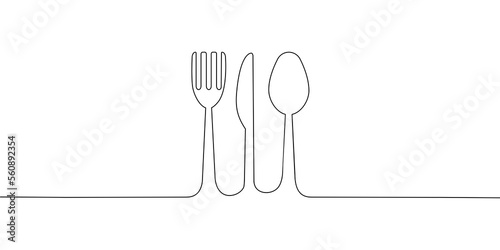 Continuous line drawing of Fork knife and spoon on transparent  background.