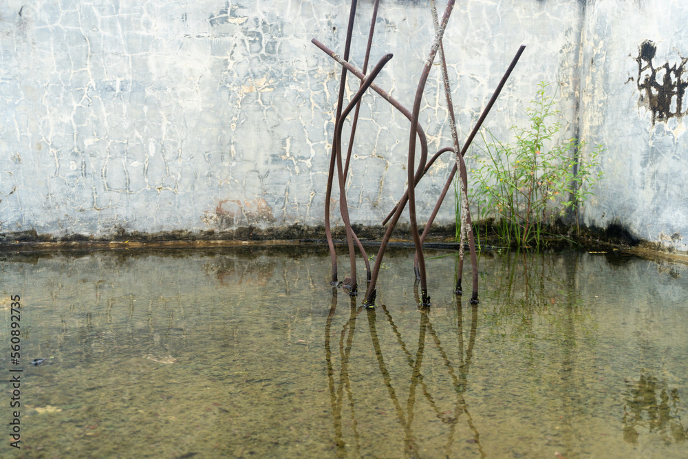 Standing water in abandoned buildings landscape