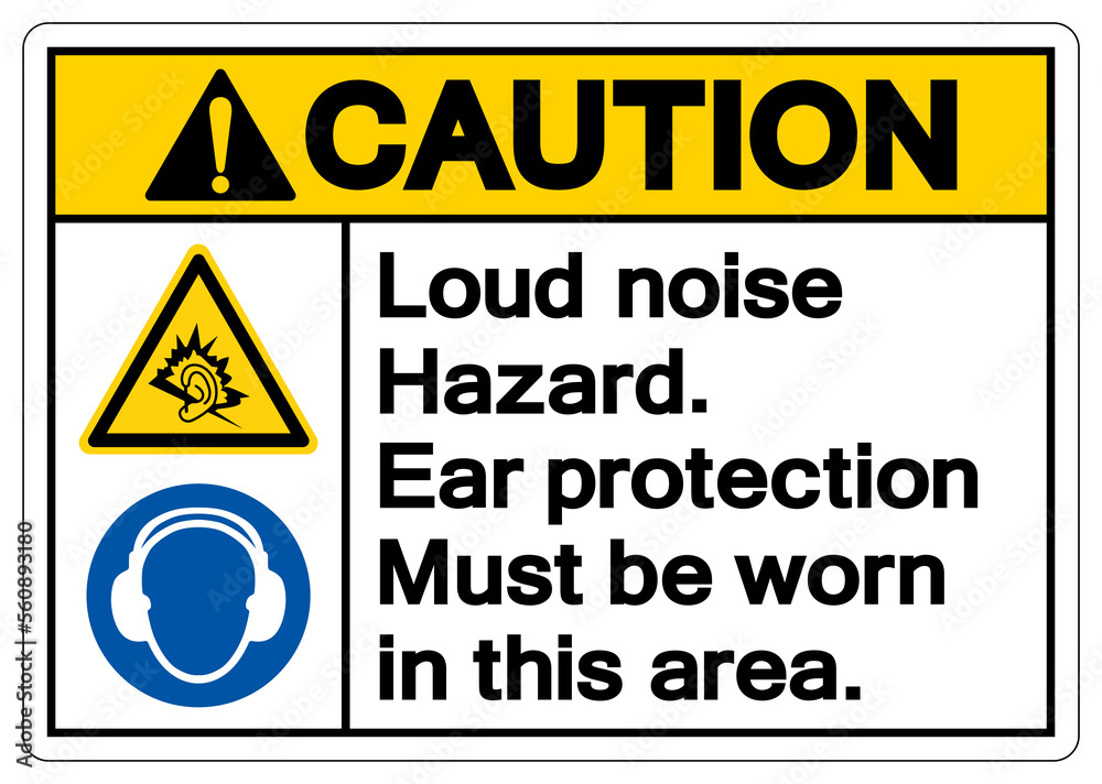 Caution Loud noise Hazard Ear protection Must be worn in this area Symbol Sign ,Vector Illustration, Isolate On White Background Label. EPS10 Caution Loud noise Hazard Ear protection Must be worn in this area Symbol Sign ,Vector Illustration, Isolate On White Background Label. EPS10