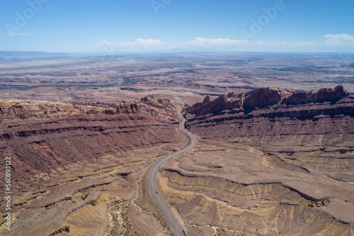 Aerial view of Spotted Wolf Canyon in Utah state on interstate 70. Traffic in Black Dragon Canyon I-70 during a great weather. 