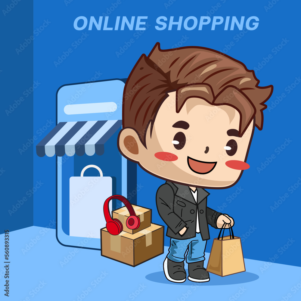 Mobile online shopping with character. Buy product from online shop. Internet sale. Vector illustrator, special promotion, e commerce, chibi character
