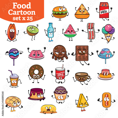Set of cute food and fast food cartoon characters Vector