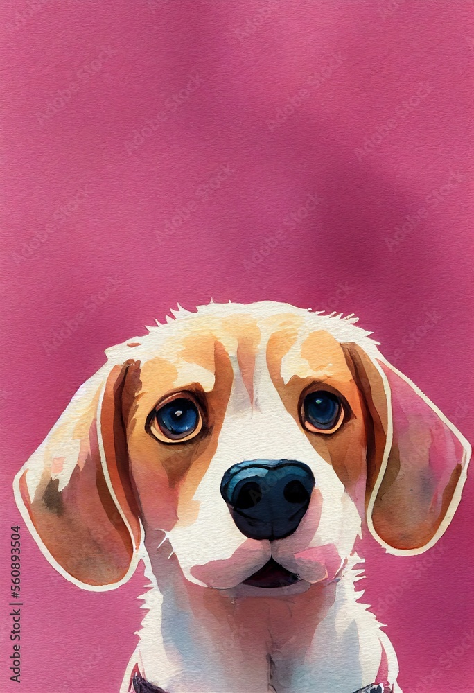 Funny adorable portrait headshot of cute doggy. Beagle dog hound breed puppy, standing facing front. Looking to camera. Watercolor imitation illustration. AI generated vertical artistic poster.