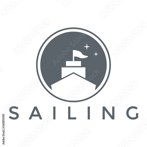 Modern night sailboat sailing ship in Sea Ocean Wave, minimalistic sailboat vector logo design template