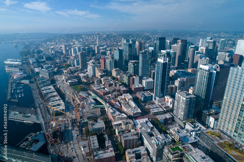 Obraz premium Aerial view of skyscrapers in Seattle state Washington. Centr of the city in Seattle.