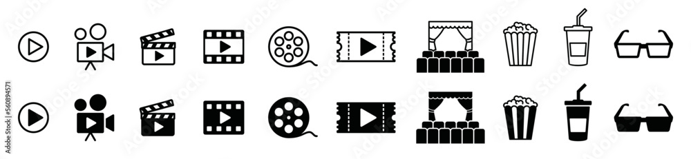 Cinema icons vector set. Movie, film, video, tv and more icon for apps and websites, symbol illustration - obrazy, fototapety, plakaty 