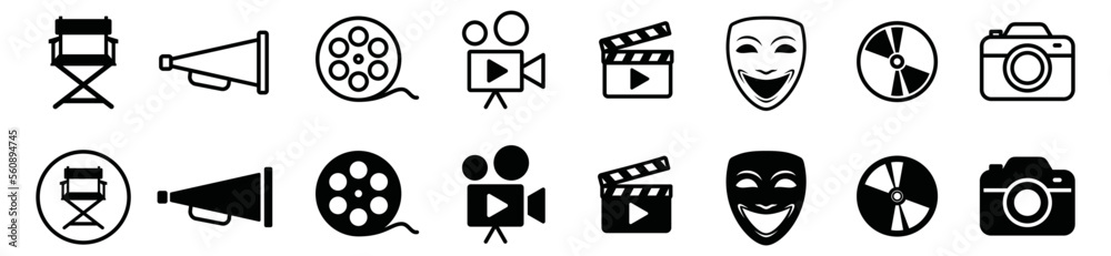 Cinema ad movie icons vector set. Movie, film, theater, video, tv and more icon for apps and websites, symbol illustration Cinema ad movie icons vector set. Movie, film, theater, video, tv and more icon for apps and websites, symbol illustration