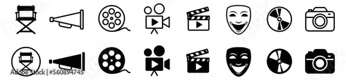 Cinema ad movie icons vector set. Movie, film, theater, video, tv and more icon for apps and websites, symbol illustration