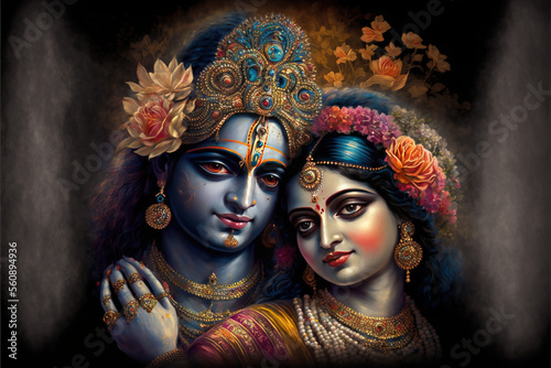 Beautiful painting of Lord Krishna and Radha, AI photo