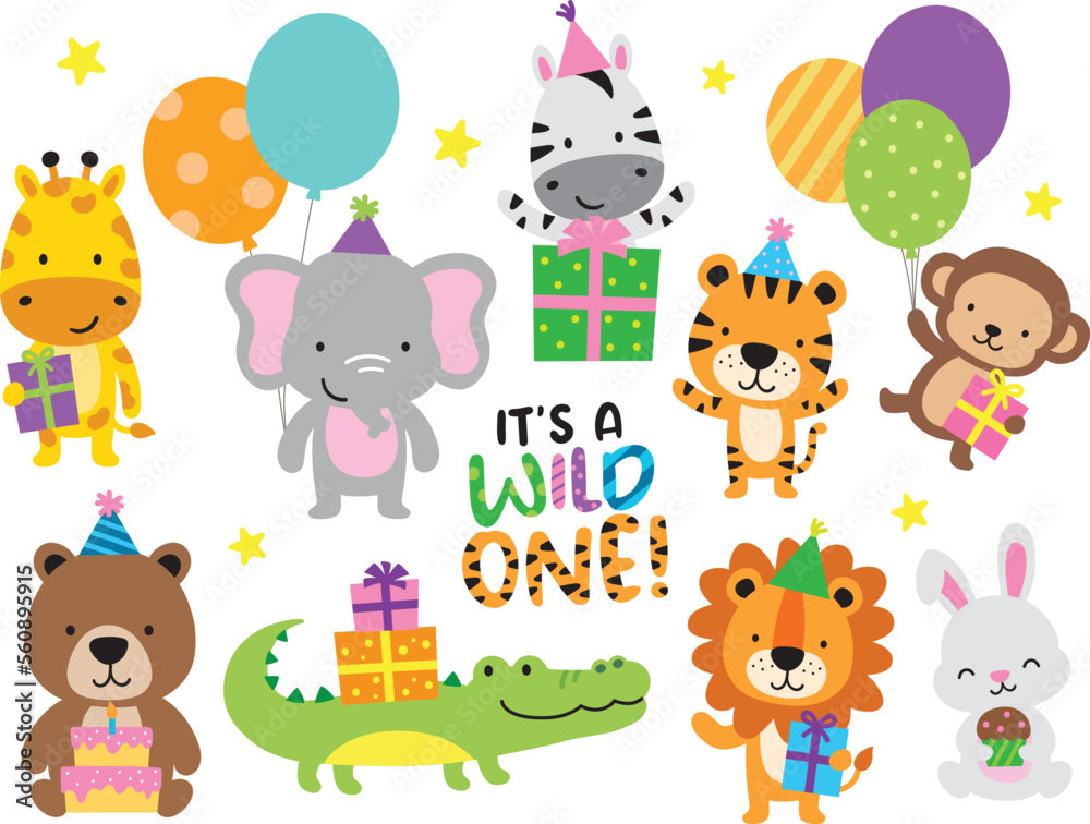 Obraz premium Vector illustration of wild jungle animals having a birthday party. Animals include a tiger, lion, giraffe, zebra, monkey, elephant, bear, rabbit, and crocodile.