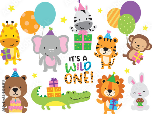 Vector illustration of wild jungle animals having a birthday party. Animals include a tiger, lion, giraffe, zebra, monkey, elephant, bear, rabbit, and crocodile.