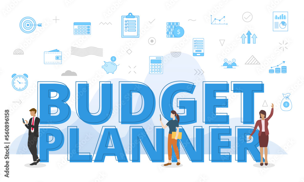 budget planner concept with big words and people surrounded by related icon with blue color style