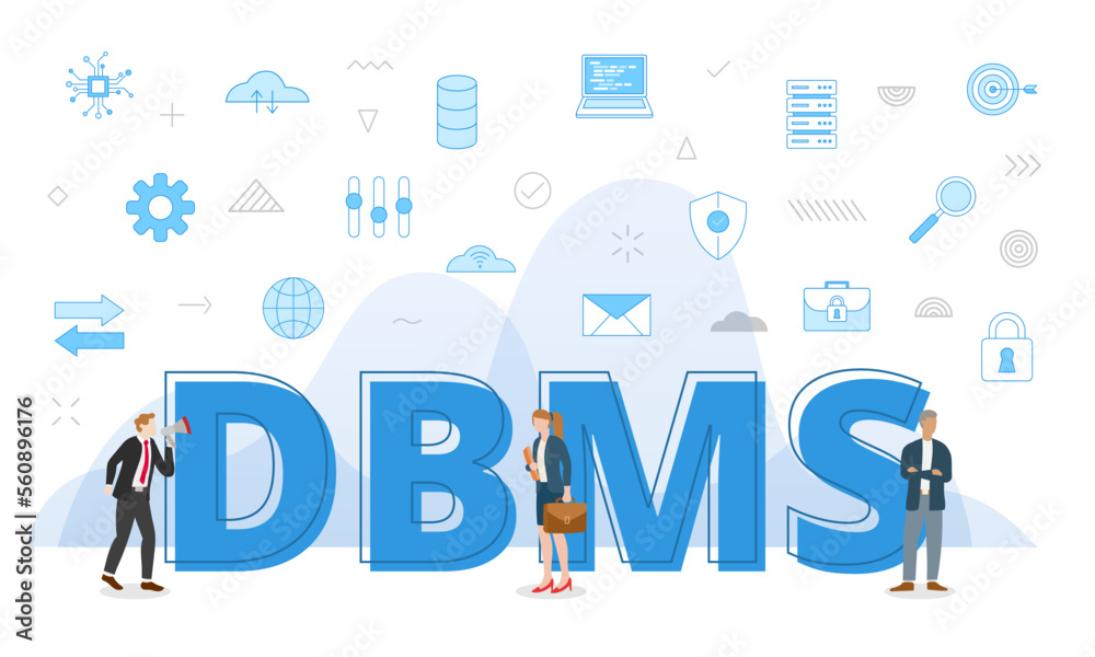 dbms database management system concept with big words and people surrounded by related icon with blue color style