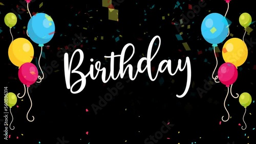 happy birthday text animation with balloons element. 4k video suitable for birthday card or banner.