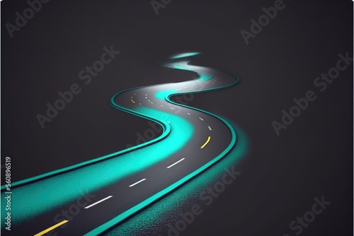 Roadmap design, neon glowing, forward movement, dark environment created with generative ai technology
