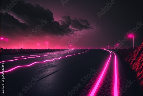 Roadmap design, neon glowing, forward movement, dark environment created with generative ai technology