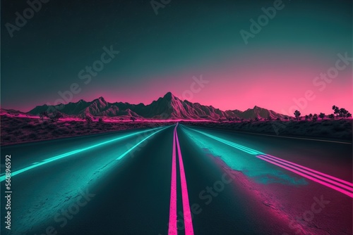 Fototapete Roadmap design, neon glowing, forward movement, dark environment created with ge