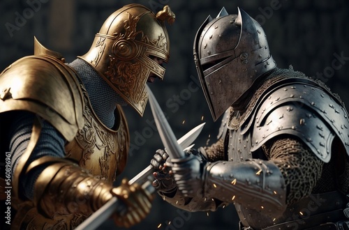 Two medieval knights facing each other fighting. Gernerative Ai.