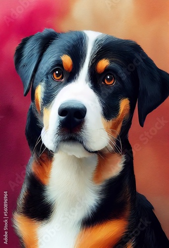 Funny adorable portrait headshot of cute doggy. Entlebucher Mountain dog breed puppy, standing facing front. Looking to camera. Watercolor imitation illustration. AI generated vertical artistic poster