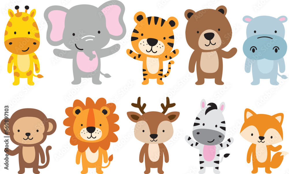 Fototapeta premium Cute Wild Animals in Standing position Vector Illustration. Animals include a giraffe, elephant, tiger, bear, hippo, monkey, lion, deer, zebra, and fox.