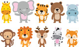 Cute Wild Animals in Standing position Vector Illustration. Animals include a giraffe, elephant, tiger, bear, hippo, monkey, lion, deer, zebra, and fox.