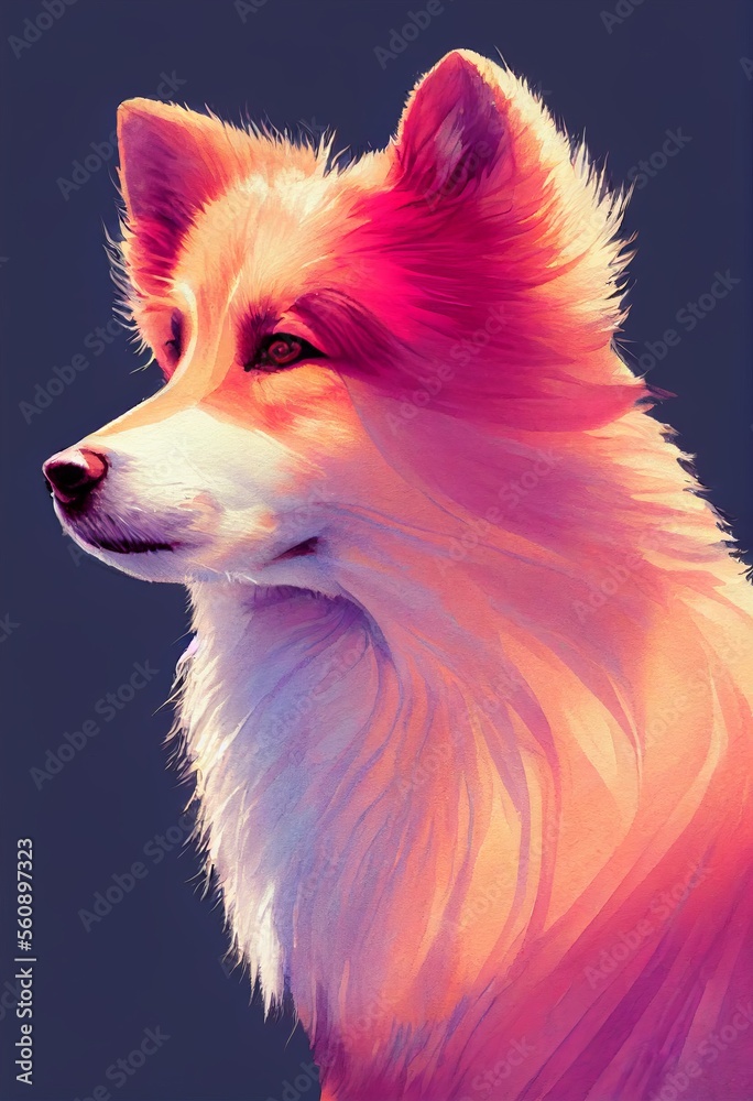 Funny adorable portrait headshot of cute doggy. Icelandic Sheepdog dog breed puppy, standing facing front. Looking to camera. Watercolor imitation illustration. AI generated vertical artistic poster. Funny adorable portrait headshot of cute doggy. Icelandic Sheepdog dog breed puppy, standing facing front. Looking to camera. Watercolor imitation illustration. AI generated vertical artistic poster.