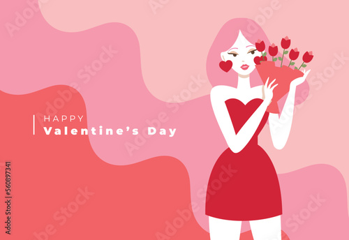 Valentine's day woman with bouquet of roses in her hands