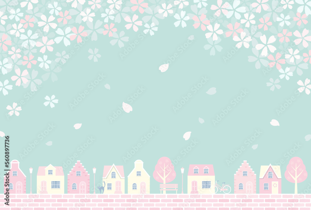 spring vector background with city landscape with houses and cherry blossoms for banners, cards, flyers, social media wallpapers, etc.