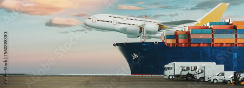 Fotografia Logistics import export of containers cargo freight ship, truck transport contai