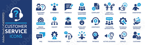 Customer service icon set. Containing customer satisfied, assistance, experience, feedback, operator and technical support icons. Solid icon collection. © Icons-Studio