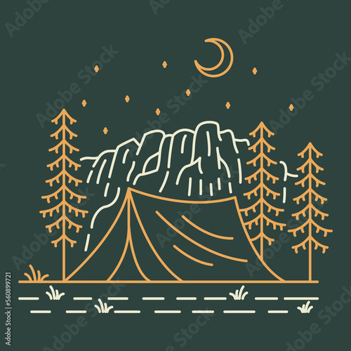 Wild Camping Night Big Tent Under the Crescent Moon and Stars