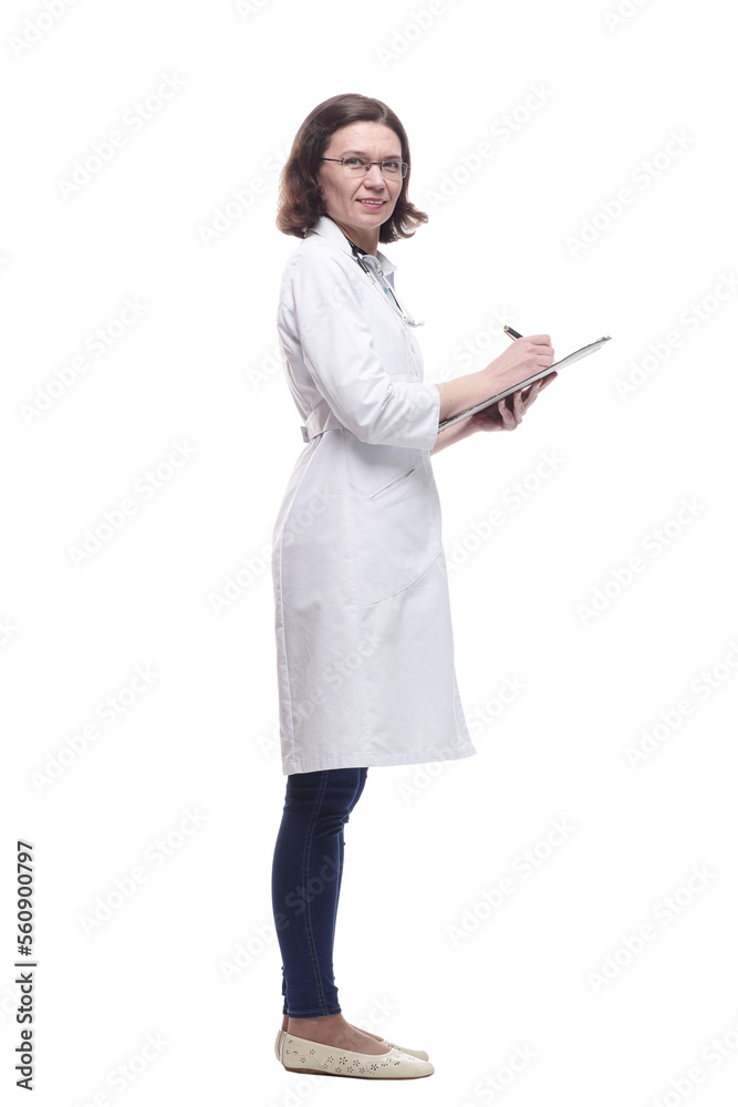 Mature female doctor with clipboard. isolated on a white Mature female doctor with clipboard. isolated on a white