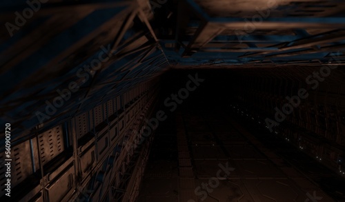 Shot of metal ceiling control room in dark scene 3D rendering sci-fi interior wallpaper backgrounds