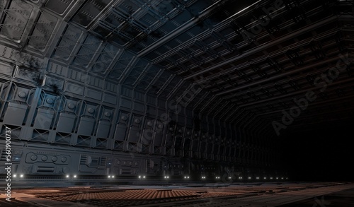 Metal wall control room panel underground in dark scene 3D rendering sci-fi fiction wallpaper backgrounds