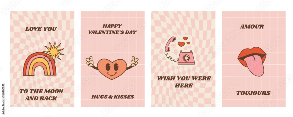 Happy Valentines day greeting card with inspirational slogan. Set of funky groovy hippie love posters. Abstract background in trendy retro 60s 70s cartoon style. Vector illustration. Happy Valentines day greeting card with inspirational slogan. Set of funky groovy hippie love posters. Abstract background in trendy retro 60s 70s cartoon style. Vector illustration.