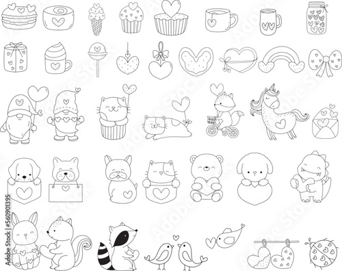 Big set valentine day with love  heart  wedding  animal cartoon hand drawn doodle line art style Cute cartoon funny character. Pet collection. Flat design Baby background.vector illustration