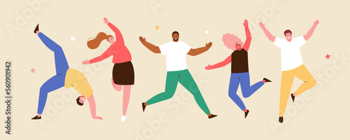 Joyful happy jumping people. Good news, victory, event, holiday vector characters