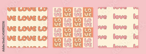 Set of simple abstract groovy patterns in retro 60s 70s psychedelic style with word love. Groovy funky square backgrounds with comic font. Valentine day. Vector flat illustration.